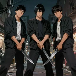 low angle shot, hyperdetailed masterpiece concept art of 3 Japanese gangsters holding knives on the street with dim light, 4k Detailed Matte Illustration trending on ArtStation
