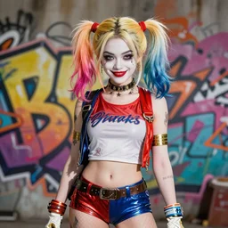 Harley Quinn but she's a beautiful young ape with long pony tails on either side of her head, illustration, comic, by James Jean, artgerm, octane render, by John Coltrane and Marc Simonetti, Manic, graffiti, kinemacolor, colorful, high detail of the face, full body