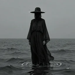 A creature 5 meters tall, in a black chiffon layered robe, in a glitch hat Stuck in the textures of the sea, style of Hiroshi Sugimoto::atmospheric illustration
