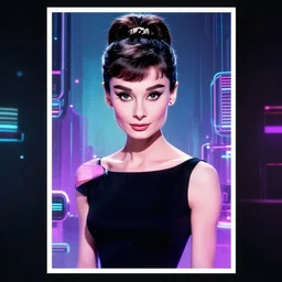 audrey hepburn cyberpunk, synthwave poster,