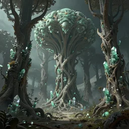 a beautiful highly detailed matte painting of an alien planet with giant dead and intricate trees with crystals made of jade in a desolate forest by Noah Bradley concept art