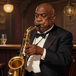 picture of a jazz playing tolkien dwarf in a pub, male, black skin, saxophone, tuxedo, face details, shapely, extremely detailed, smooth, sharp focus, digital illustration, by artgerm, rossdraws, sakimichan