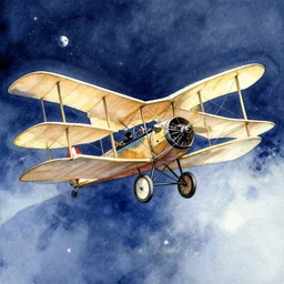 Watercolour of wright brother airplane flying in space