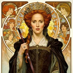 realistic detailed of Gillian Anderson as a medieval queen  by Alphonse Mucha, Ayami Kojima, Amano, Charlie Bowater, Karol Bak, Greg Hildebrandt, Jean Delville, and Donato Giancola, Art Nouveau, Neo-Gothic, gothic, rich deep colors