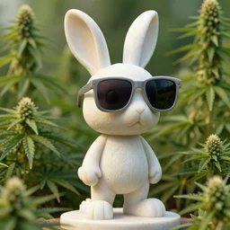 rabbit groot as marble statue, big cyborg sunglasses, in marijuanas gardens, soft surface texture, very realistic 3 d render, soft sun lights, 4 k, high detailed photography result, 5 0 mm lens, rich deep colors, smooth gradients, depth of field, cinematic, hyper realism, high detail, octane render, unreal engine, 8 k, vibrant colors
