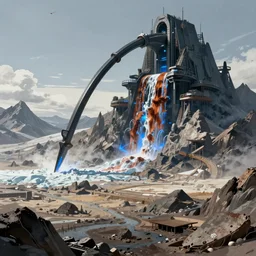 view from a wasteland plain of a jagged mountain with a black arcology driven like a spear into the glacier, rust-colored waterfalls pouring from its upper balconies, blue radiation glow beneath, science fiction concept art by Greg Rutkowski and Moebius and Beksinski and Le Corbusier