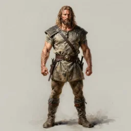 Portrait of a rugged ranger, male, muscular, straight nose!!!, detailed face, thighs!!!, simple clothing!!!!!, boots!!!! fantasy, medieval, highly detailed, cinematic lighting, digital art painting by greg rutkowski