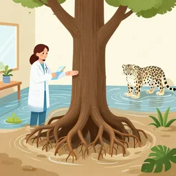 buttress tree roots, a female pathologist in her apartment, a river flooding through the wall, snow leopard, plants in glass vase, water, river, rapids, pig, canoe, pomegranate, berries dripping, acrylic on canvas, surrealist, by magritte and monet