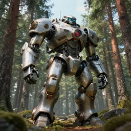 steampunk colossal mech battlerobot standing a swedish forest, very low angle photograph, trending on artstation, cgstation