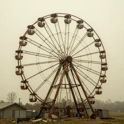 an old abandoned rusty ferris wheel, in a town filled with pale yellow mist. Dystopian. Award-winning colored photo. OM system 12–40mm PRO II 40mm, 1/100 sec, f/2 8, ISO 800