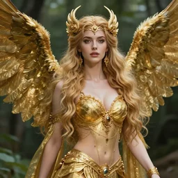 highly detailed and hyperrealistic portrait of harpy goddess in glorious golden outfit of nature magically beautiful and realistic 8 k