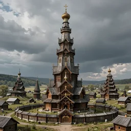 tall tower of sauron in the center enclosed palisaded, with demon wooden churches, log houses built on hills, slavic, russian, slovenian, tartarian architecture, gray skies, hyper - detailed, artstation, cgsociety, 8 k