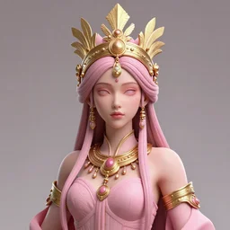 beautiful detailed 3 d matte painting of female empress of dark and light, indigenous, tribal, mononoke, wearing a golden crown, with a pale pink, by karol bak