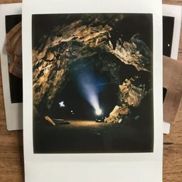 inside a massive cave, flood lights, megalophobia, old polaroid, expired film,