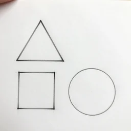 a triangle, a square and a circle drawn on a large white sheet of paper. side view