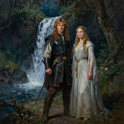 Detailed oil painting of Aragorn and Arwen standing together in front of a small waterfall at night surrounded by trees