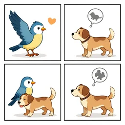 4 comic panel of a bird transforming into a dog