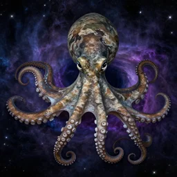 an octopus camouflaged in cosmic background radiation