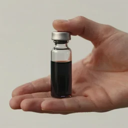 epic detailed digital art of a normal hand holding a single tiny unlabeled clear medicine bottle half-full of mysterious black liquid; magic the gathering art by Volkan Baga, artstation