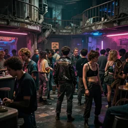 photograph of retro techwear people loitering in the back of a busy rundown nightclub, retrofuturism, brutalism, cyberpunk, sigma 85mm f/1.4, 35mm, 4k, depth of field, high resolution, 4k, 8k, hd, highly detailed, full color