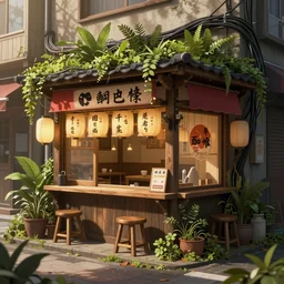 an intricate concept art illustration of an undergrowth one ramen shop stall shack in street, no people, anime style, global illumination, computer wires, digital art, photorealistic movie still, style ivan talavera and artgerm, hyper realistic, photorealistic, octane render, trending on artstation, cgsociety, cinematic light, 8 k