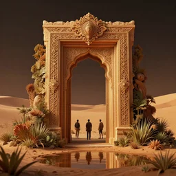 ornate doorway to a monolith in a desert lush vegetation, warm tones, night, water reflection : : by michal karcz, daniel merriam, victo ngai and guillermo del toro : : ornate, dynamic, particulate, intricate, elegant, highly detailed, centered, artstation, smooth, sharp focus, octane render, 3 d