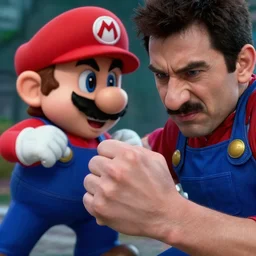 a far shot photo of neo in the matrix fighting super mario, 8k, DSLR, highly detailed skin, highly detailed hands