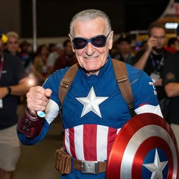 stan lee cosplaying as captain america, dragoncon, 3 5 mm, f / 2. 8, flash fired