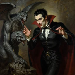 attractive male vampire looks like stephen king casting demonic magic, creating a gargoyle monster highly detailed painting by gaston bussiere, craig mullins, j. c. leyendecker 8 k