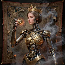 a beautiful woman is being transformed and augmented into a machine by nanites, photorealistic, magical, enchanted, intricate detail, elaborate machinery, clockwork, torn tapestry, swirling smoke, ember particles, regal design, royal relief
