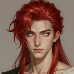 A handsome man with a blood red hair in the style of risk of rain, white eyes, fantasy, portrait, sharp focus, intricate, elegant, digital painting, artstation, matte, highly detailed, concept art, illustration, ambient lighting