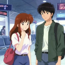 woman saying goodbye to her lover at the airport, sprite, vaporwave nostalgia, directed by beat takeshi, visual novel cg, 8 0 s anime vibe, kimagure orange road, maison ikkoku, sketch by osamu tezuka, directed by makoto shinkai and beat takeshi