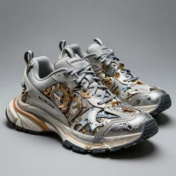 balenciaga sneakers made out of clock parts, hyper realism, high detail, extremely detailed, very sharp, award winning photo, in the style of vivian maier