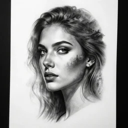 tattoo design sketch of a beautiful woman face with a faded mountain scenery on her side, hyper - realistic, double exposure effect, in the style of matteo pasqualin, amazing detail, black and white, faded