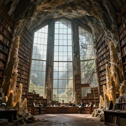 vast library in a cave with huge windows flanked by stalagmites, Moebius, james gurney, thomas kinkade, rodney mathews, trending on artstation, ultra realistic
