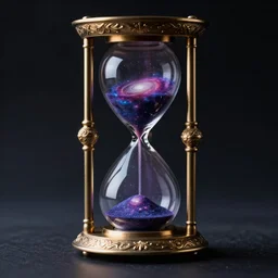 an ornate hour glass full of galaxies. dark background.