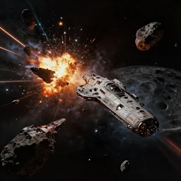 Wide shot of a spaceship battle , explosions and lasers, burning wrecks. Asteroid belt. Scenic view, in the void of space, underexposed, matte painting by Craig mullins and Emmanuel_Shiu and john berkey, cinematic, dark sci-fi, concept art trending on artstation, movie quality  , 4k, insane details, ultra realistic