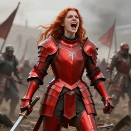 a girl with a long red hair wearing a full-body red plate armor screaming in a battlefield, anatomically correct, hyperrealistic, concept art, octane render, unreal engine 5, 8K HDR, highly detailed, high quality, fantasy armor