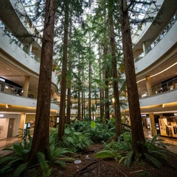 photograph of pacific northwest forest inside an abandoned mall