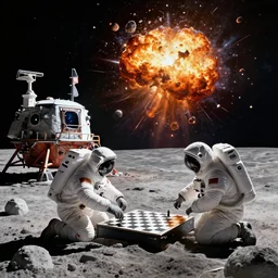 astronauts playing chess on the moon next to their moon base. in space a planet violently explodes in many small pieces, high detail, stylized, movie poster, award winning, iconic, trending on artstation