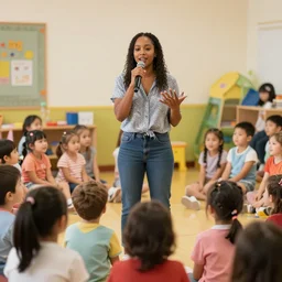ms rachel performing a song for an audience of preschoolers