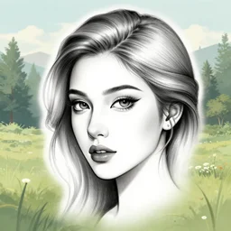 tattoo design sketch of a beautiful woman face against a background of beautiful nature, hyper - realistic, in the style of den yakovlev, amazing detail, black and white