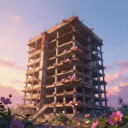 unfinished building by john howe, cgsociety at dawn flowers magic realism anime synthwave sunlight uv light, archdaily, wallpaper, highly detailed, trending on artstation.
