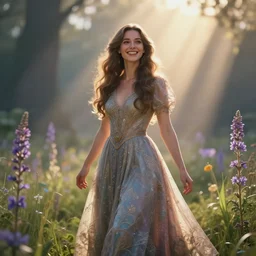 portrait of an attractive woman, wearing a long dress, in a magical field | crepuscular rays, happy vibes, volumetric lights, raytracing | fantasy, character, realism, intricate details | exif, very detailed, intricate details, hyperrealism | cgsociety, trending on artstation | by bastien lecouffe - deharme & steve henderson
