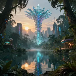nature by nicolas poussin, scumm bar lake rainforest synthwave alien futuristic biopunk at dusk made of glass fantasy neon signs crystal atlantis tron morning sun reclaimed by nature vice city tokyo steampunk nature azeroth, archdaily, wallpaper, highly detailed, trending on artstation.
