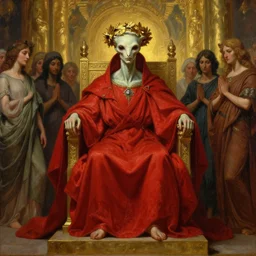 beautiful oil painting, high details, alien in royal crimson robes enthroned as the alien god emperor of ancient civilization surrounded by servants in gilded halls a golden wreath upon his head, by anders zorn, wonderful masterpiece by greg rutkowski, beautiful cinematic light, american romanticism, by thomas lawrence, greg rutkowski