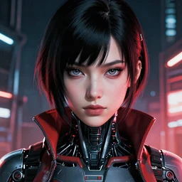 a comic potrait of a cyberpunk cyborg girl with black and red parts, fine - face, realistic shaded perfect face, fine details. night setting. very anime style. realistic shaded lighting poster by ilya kuvshinov katsuhiro, unreal engine, global illumination, radiant light, detailed and intricate environment