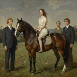 a woman mounting a horse that looks like a man, hauntingly surreal, highly detailed painting by francis bacon, edward hopper, adrian ghenie, gerhard richter, and james jean soft light 4 k,
