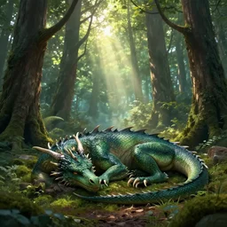 a dragon sleeping in a beautiful forest, rays of sunshine between the trees, detailed digital art