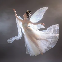 the fairy flying apsaras in the dreamy oriental mythology, super delicate, transparent noble and gorgeous tulle, soft light, surreal, unreal, smoke, fairyland, lighting